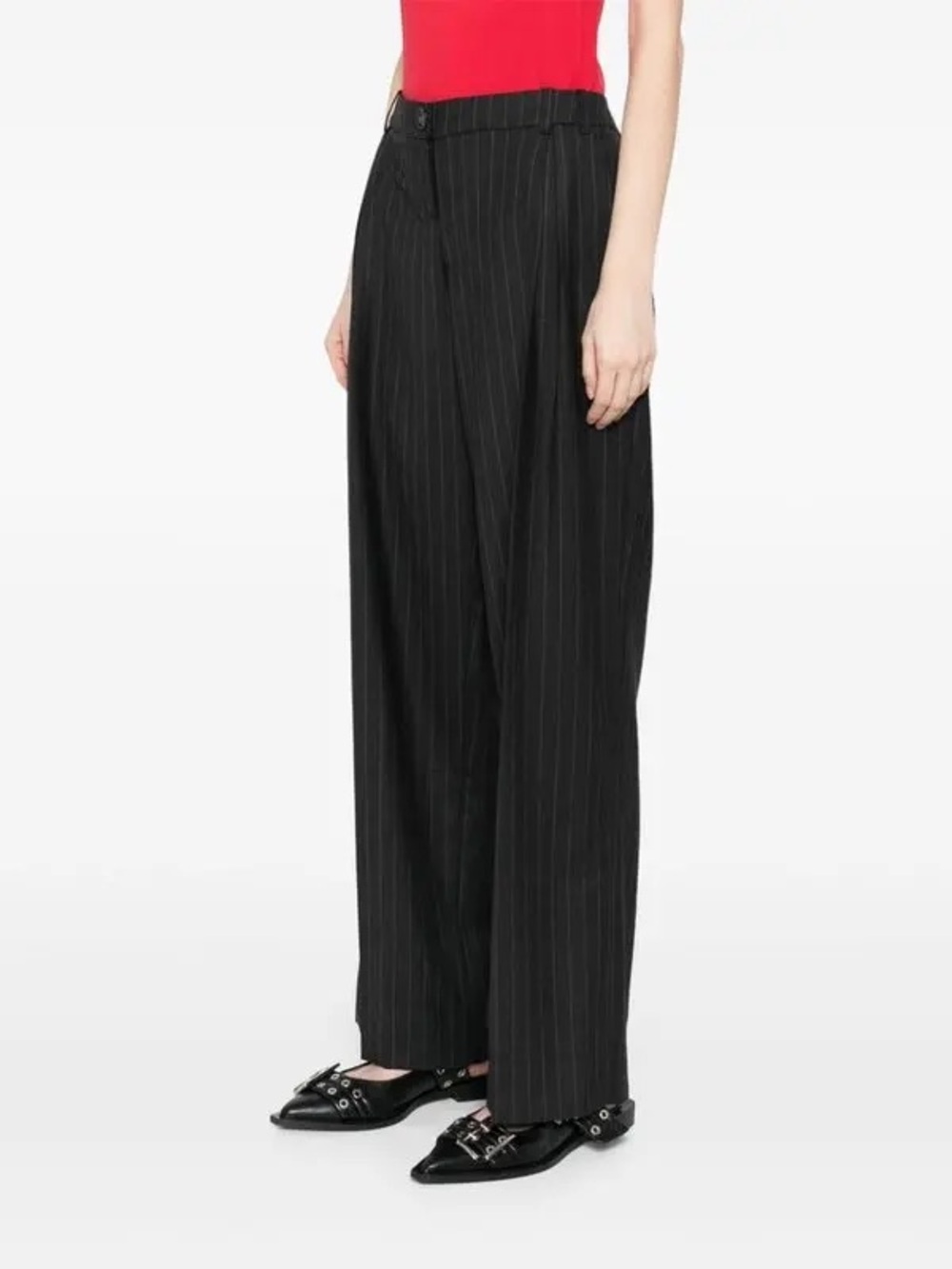 Molly Goddard John Wool Wide Leg Pinstripe Trousers in Black Made in England